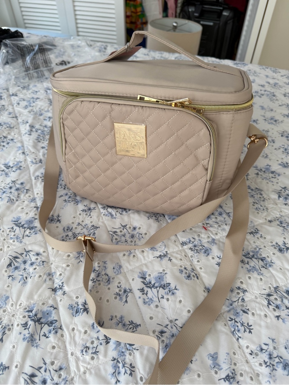 Paris Hilton Quilted Beige Crossbody Cosmetic Case with Gold Trim